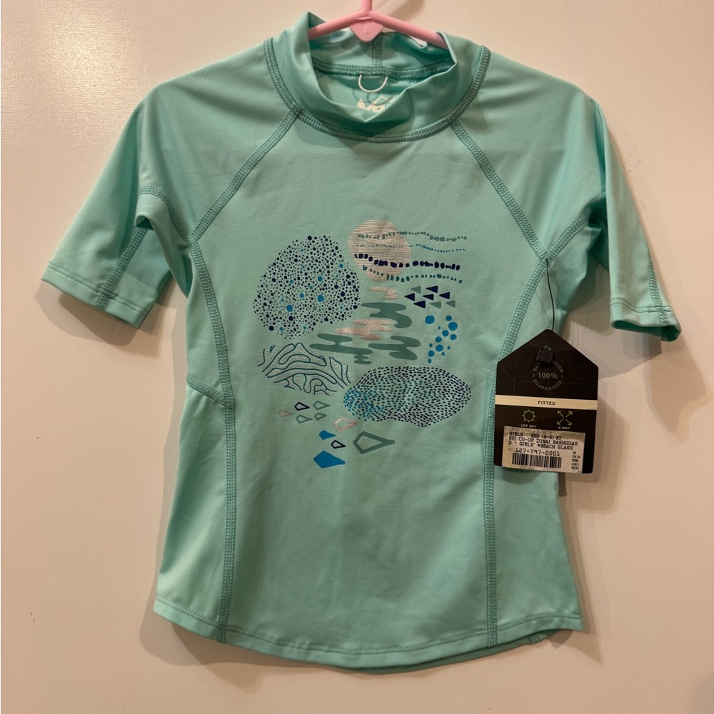 NEW REI Zonai Rashguard High Neck Short Sleeve 4 - 5 Teal Pink UPF‎ Swim Ocean